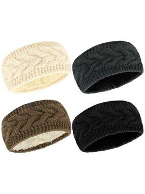 4pc Fuzzy Fleece Lined Cable Knit Winter Headbands Ear Warmers